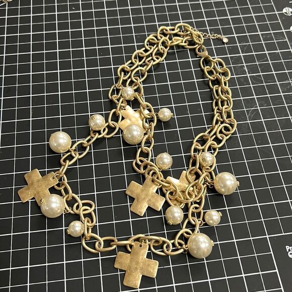 Cross Faux Pearl 2 Strand Necklace Gold Tone - Picture 1 of 4